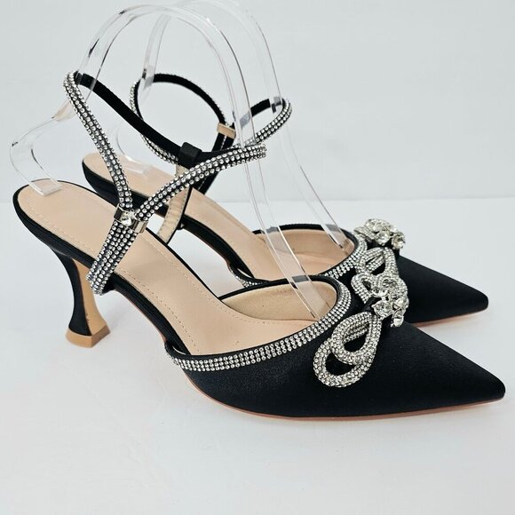 Black Rhinestone Bow Pointed Toe Strappy Special Occasion Heels Women's Size 10 - Picture 6 of 12